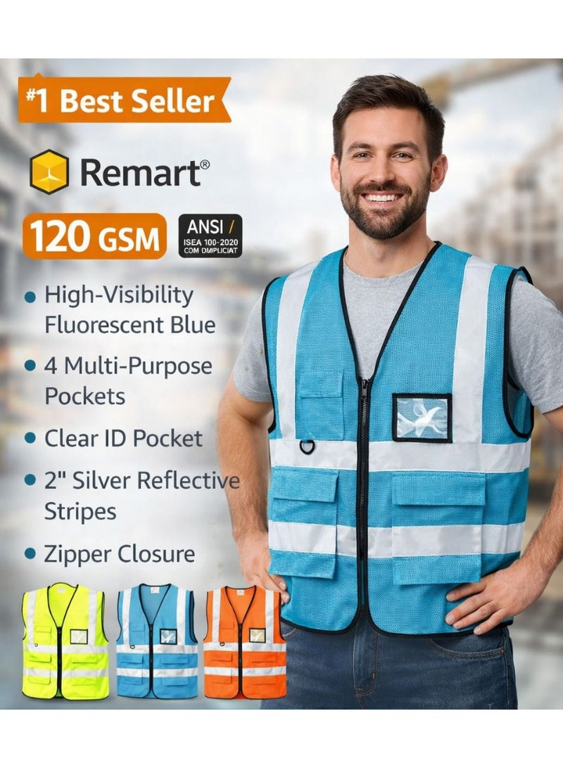 Remart High Visibility Safety Vest for Men & Women, Fluorescent Blue Reflective Vest with Zipper, Multi-Pocket Work Vest, 120 GSM Polyester, Construction & Road Safety - Image 3